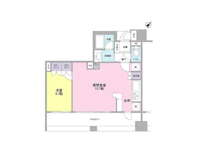 - 1LDKの間取り図、リビングダイニングが13.7畳、洋室が4.5畳、バスルームやトイレと廊下が配置された平面図