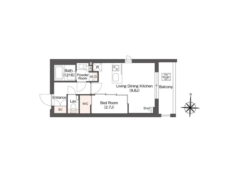 - 2LDKの間取り図、リビング・ダイニング・キッチン、寝室、浴室、洗面室、バルコニーを含む住宅プラン