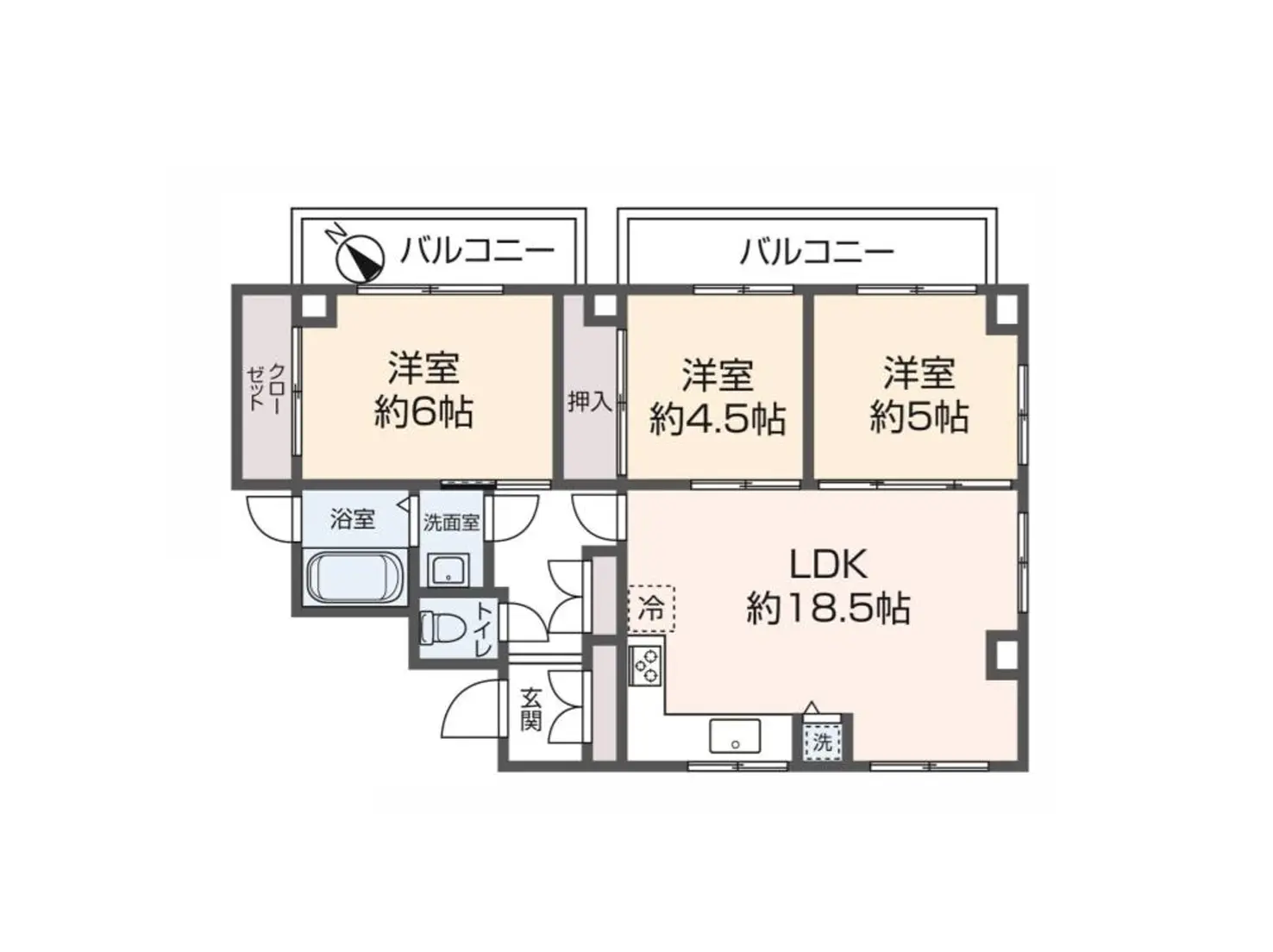 - 3LDKの間取り図、約18.5帖のLDKと4つの洋室、バルコニー付きの住居配置