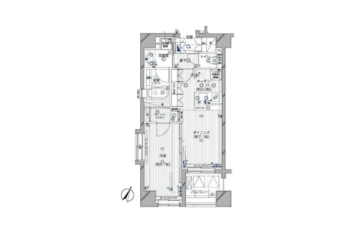 - 住居の間取り図、リビング、キッチン、バスルーム、トイレ、各部屋の配置が示された平面図