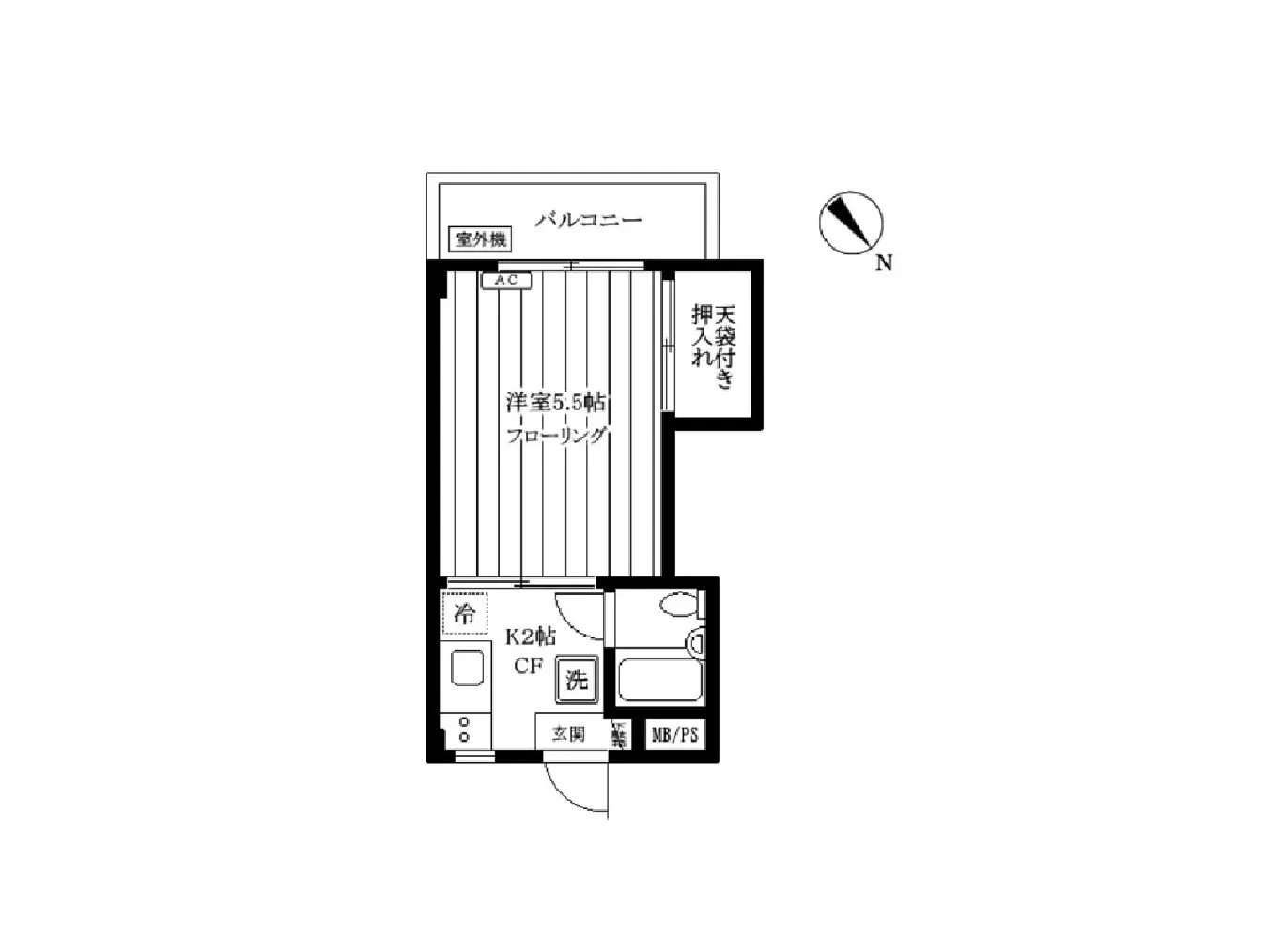 - 5.5畳の洋室と台所、お手洗い、洗濯機置き場を含む間取り図、北向きのバルコニー付き