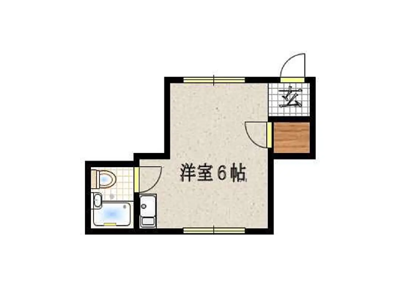 - 6帖の洋室を含む間取り図、トイレとバスルーム、玄関の配置が示されているデザイン