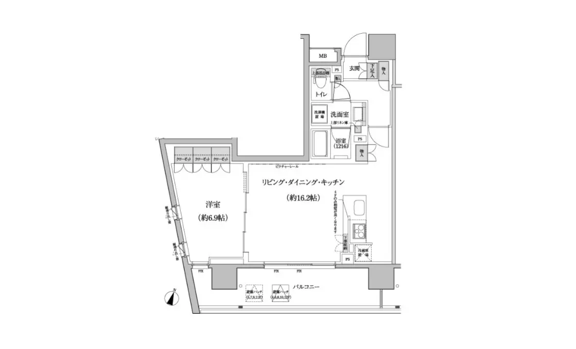 - 2LDKの間取り図、リビング・ダイニング・キッチン約16.2帖、洋室約6.9帖、各部屋の配置と設備を示す設計図