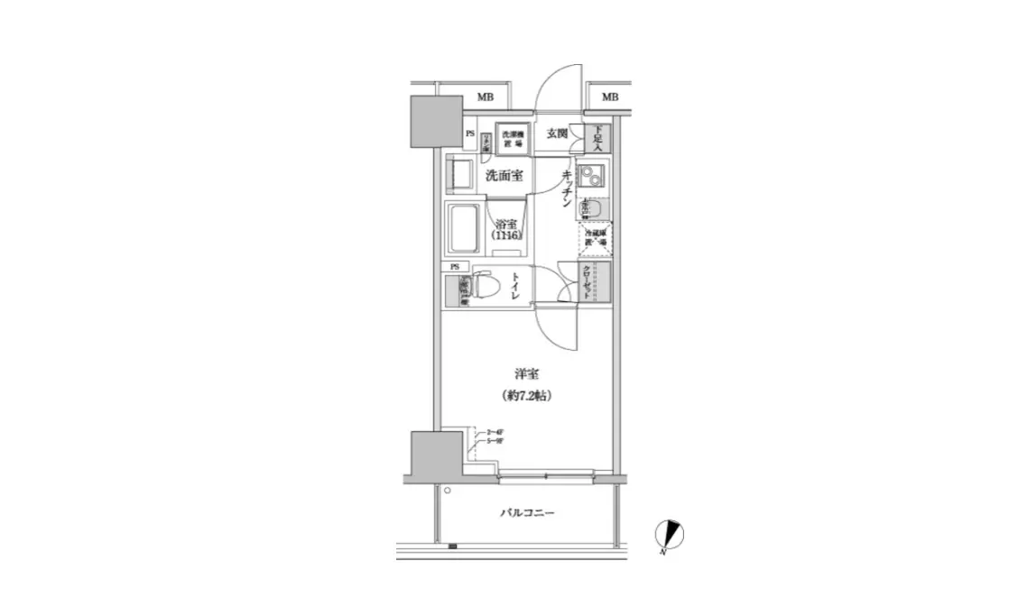 - 2LDKの間取り図、キッチン、浴室、洗面室、トイレを含む、洋室とバルコニーの配置を示す設計図