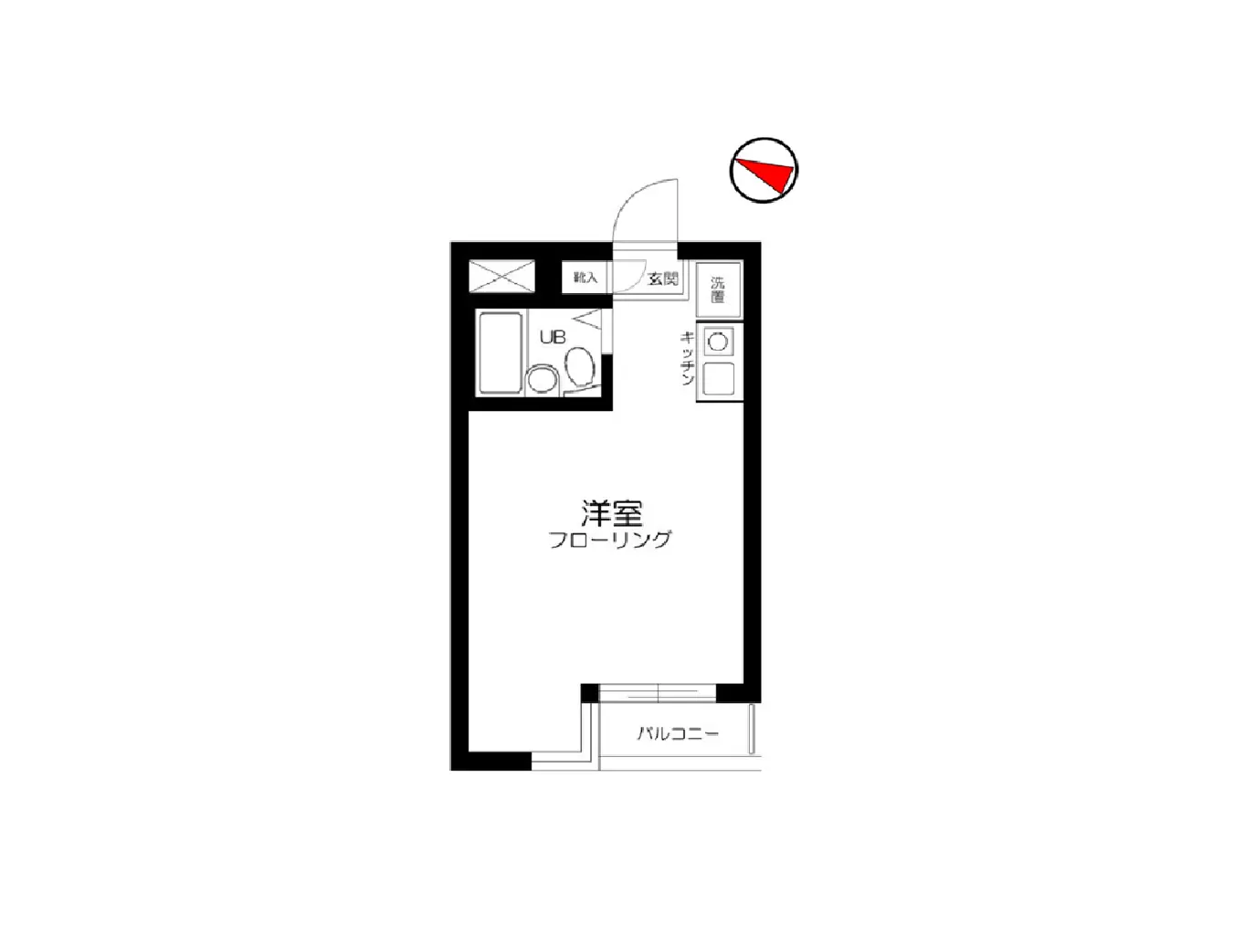- 洋室の間取り図、フローリング付き、バルコニー、キッチンとユニットバスの配置が示された設計図