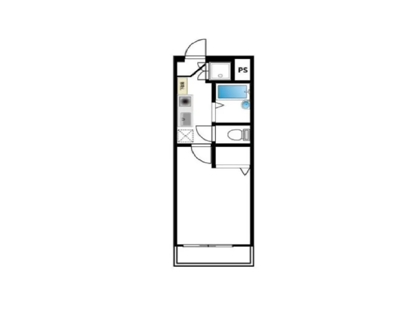 - コンパクトな間取り図、キッチン、バスルーム、トイレが配置されたシンプルなデザインのレイアウト