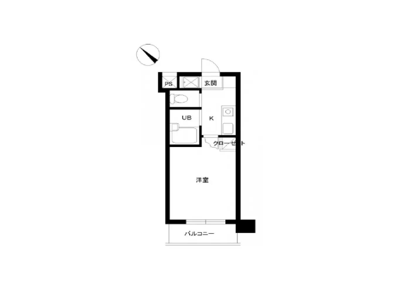 - 1Kマンションの間取り図、玄関、ユニットバス、キッチン、クローゼットが配置されたデザイン
