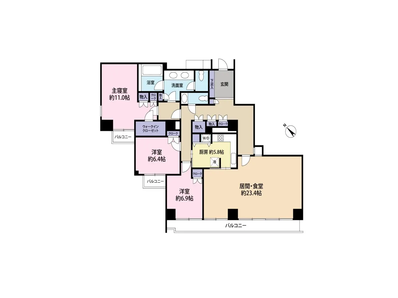 - 3LDKの間取り図、主寝室約11.0帖、洋室約6.4帖、約6.9帖、居間・食堂約23.4帖、洗面室と浴室を含むレイアウト