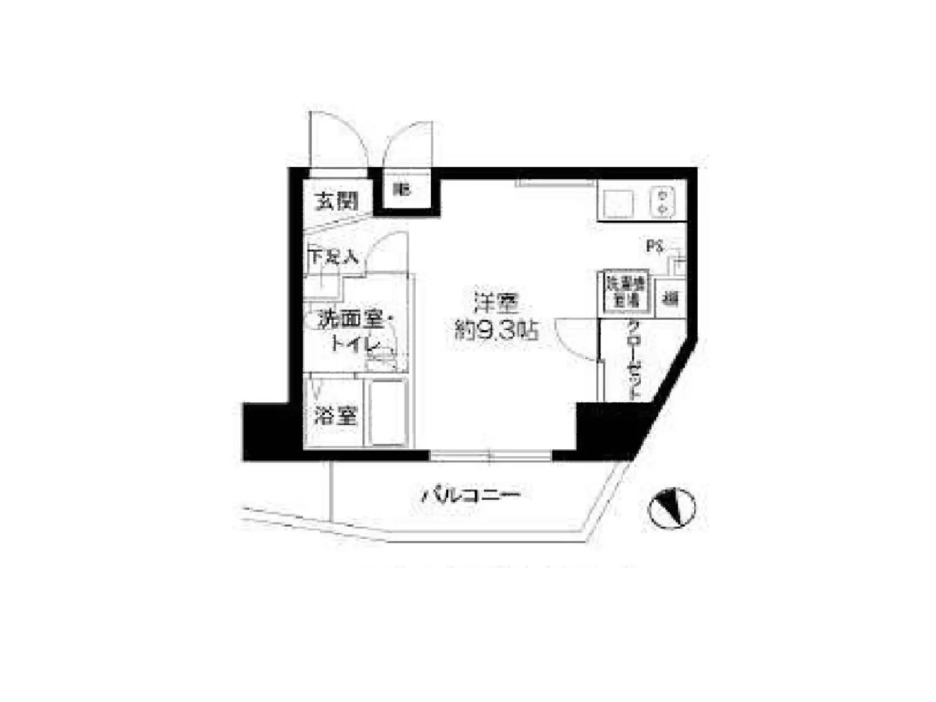 - 1Kタイプの間取り図、玄関、洗面・トイレ、浴室、洋室約9.3帖、バルコニーを含むレイアウト