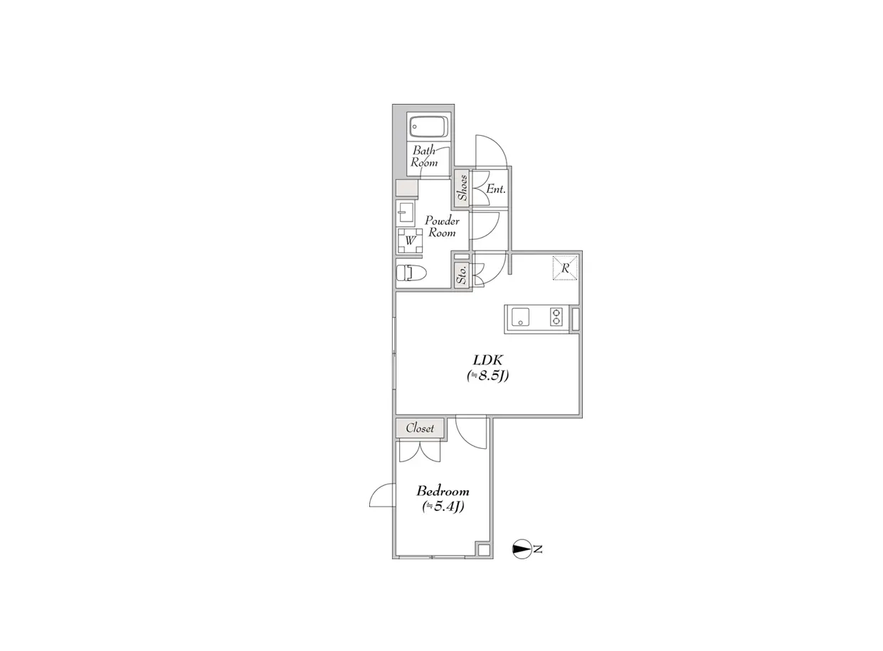 - シンプルで使いやすい間取り図、リビングダイニングキッチン(約8.5畳)、寝室(約5.4畳)、バスルームとパウダールームを含む日本の住宅設計
