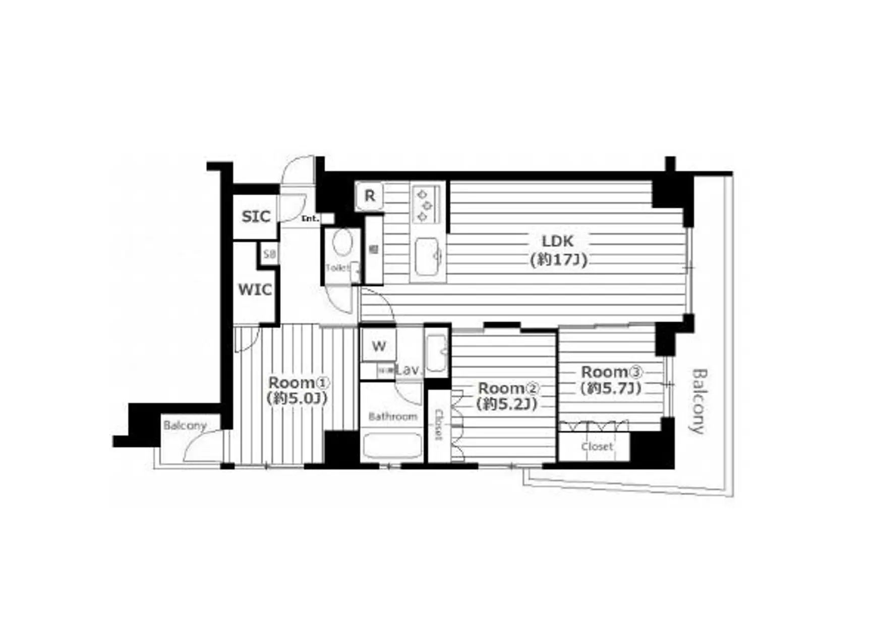 - 3LDKの間取り図、LDK約17畳、各部屋のサイズと収納スペースを示した図面