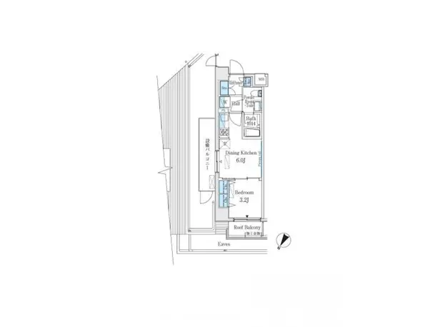- 2LDKの間取り図、ダイニングキッチン、寝室、バスルーム、屋上バルコニーを含む詳細なレイアウト