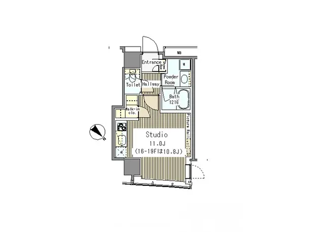 - スタジオタイプの間取り図、11.0畳の居住空間、トイレと洗面室、バスルーム、玄関の配置を示す図面