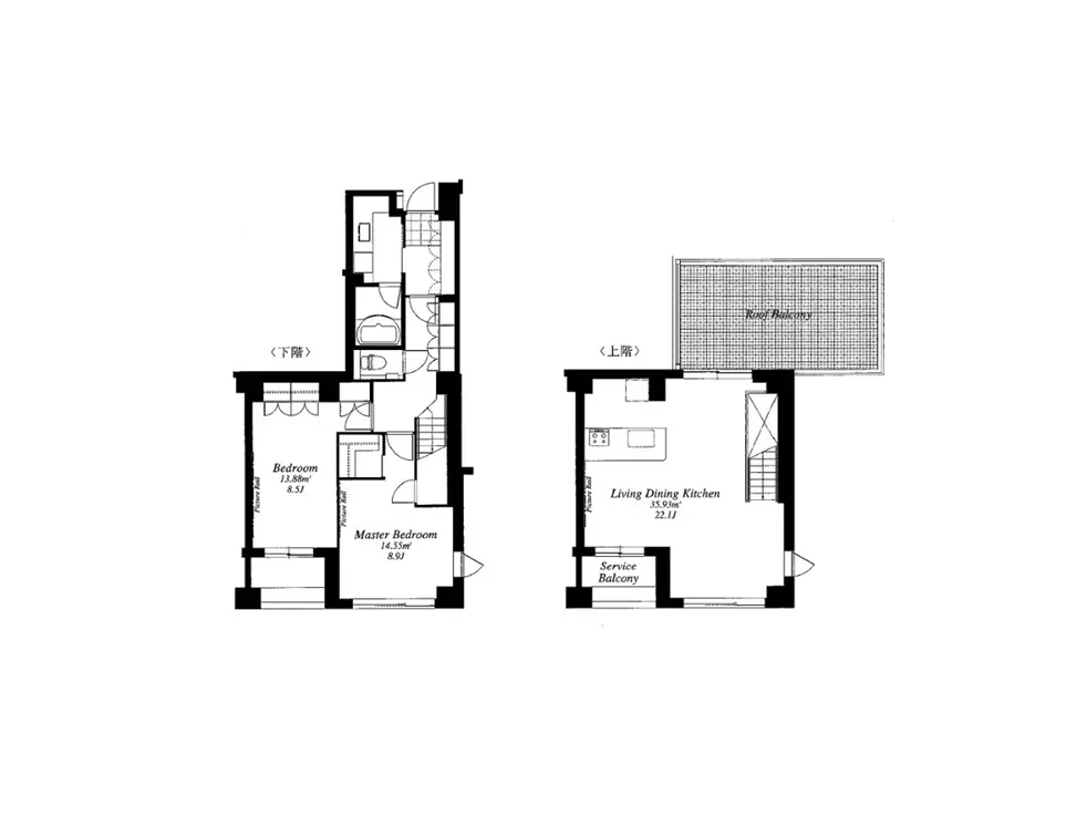 - 2階建て住宅の間取り図、各階に寝室、リビングダイニングキッチン、バルコニーを含む詳細なレイアウト