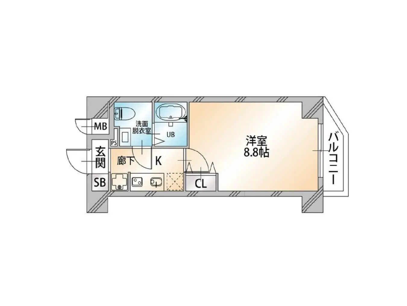 - 1Kタイプの間取り図、居住空間8.8帖、バルコニー、洗面所、浴室、玄関が配置されたフロアプラン