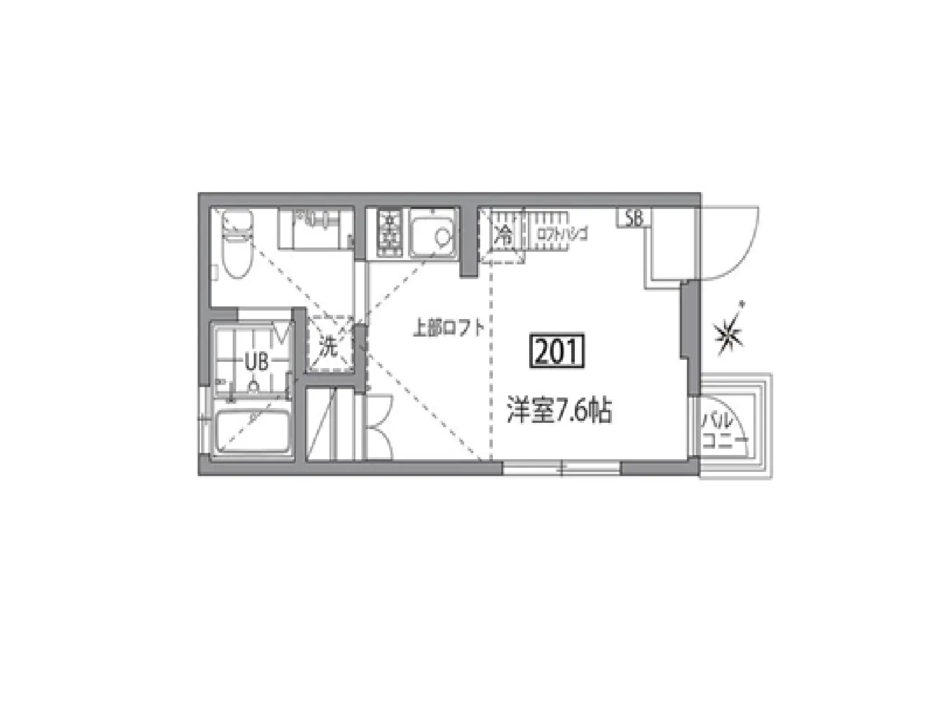 - 住宅の間取り図、洗面所、ユニットバス、洋室7.6帖、バルコニーと収納スペースが配置された設計図