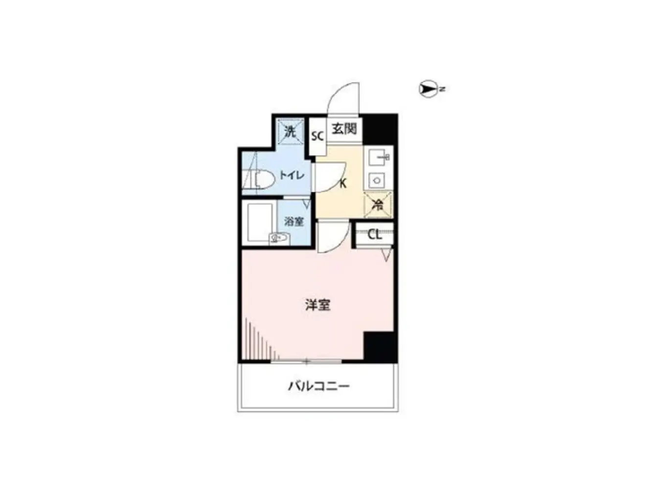 - 洋室、浴室、トイレ、キッチン、玄関、収納スペースを含む間取り図、バルコニー付きのレイアウト