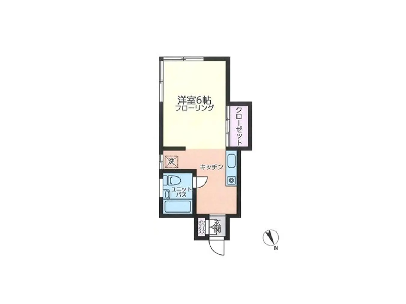 - 6畳の洋室、キッチン、ユニットバス、クローゼットを備えた間取り図