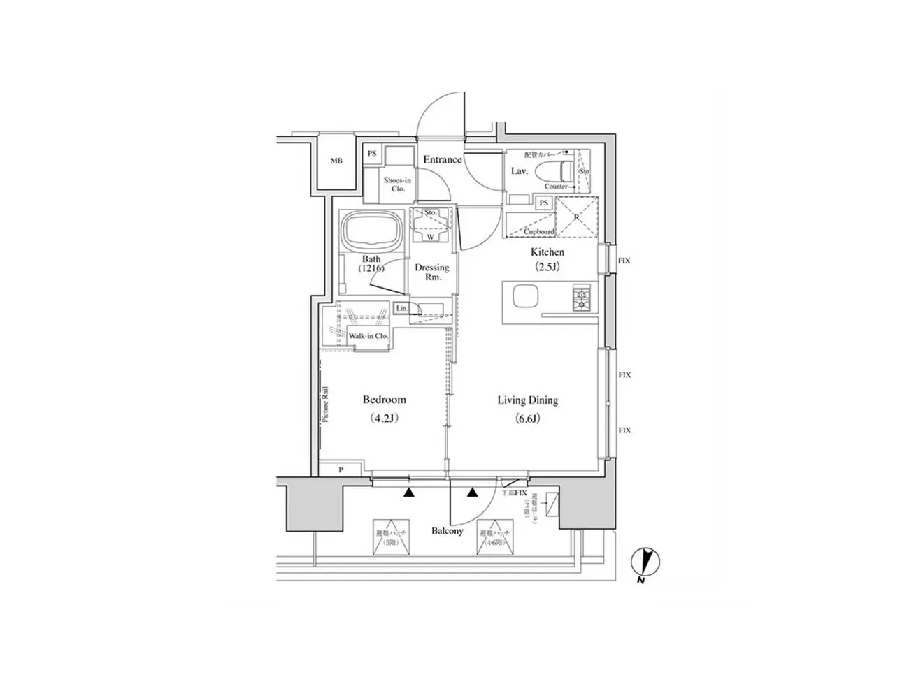 - 2LDKの間取り図、リビングダイニング、キッチン、バスルーム、寝室、バルコニーが配置された住居プラン
