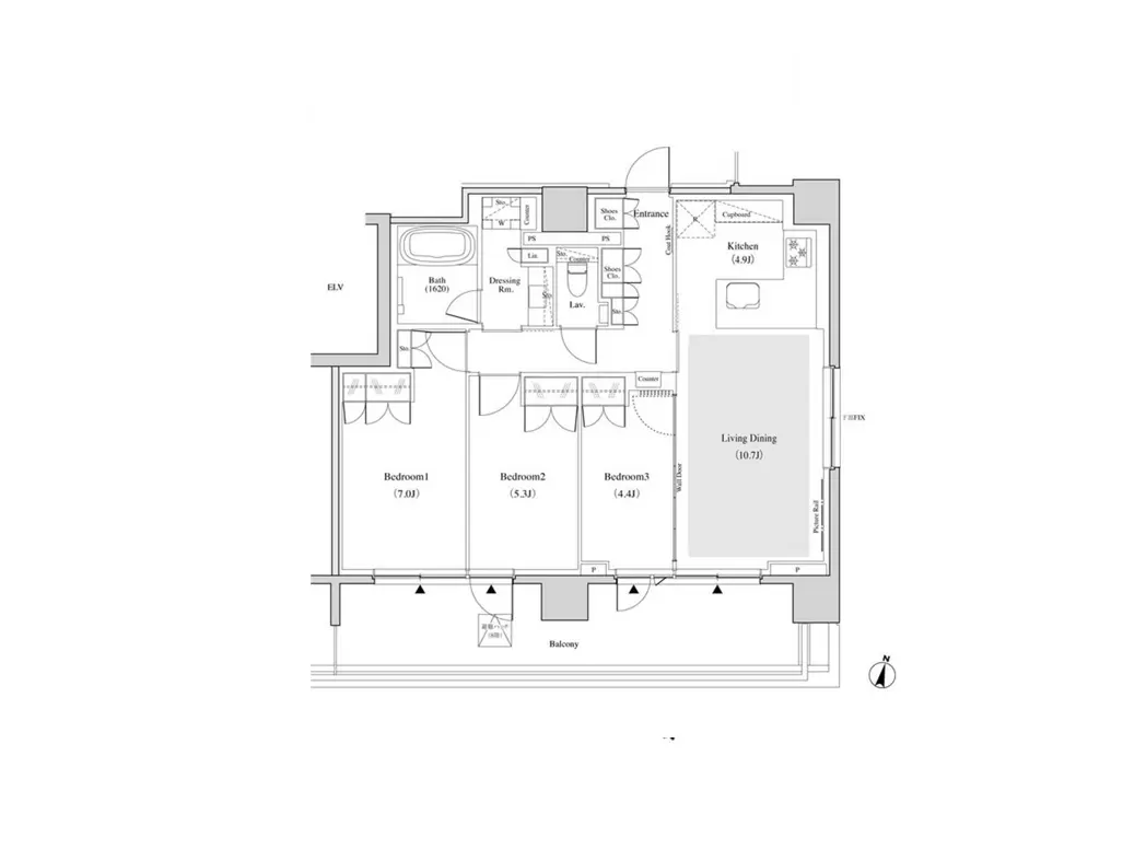 - 3LDKの間取り図、リビングダイニング、キッチン、3つの寝室とバスルームを含む設計、各部屋のサイズが明記された平面図