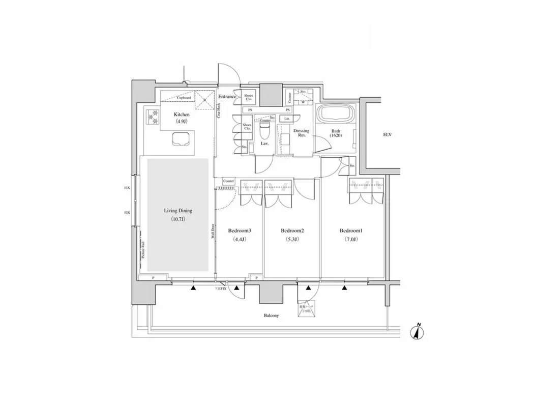 - 2LDKの間取り図、リビングダイニングと3つの寝室、バスルーム、キッチンの詳細を示す設計図