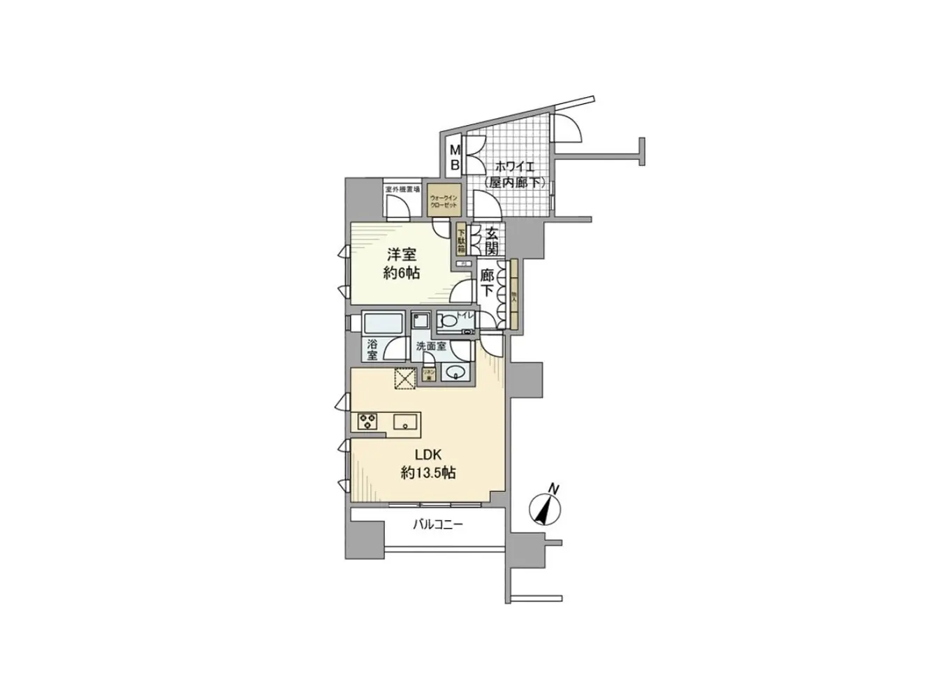 - 1LDKの間取り図、約6畳の洋室と約13.5畳のリビングダイニングキッチンが特徴、バルコニー付きのレイアウト