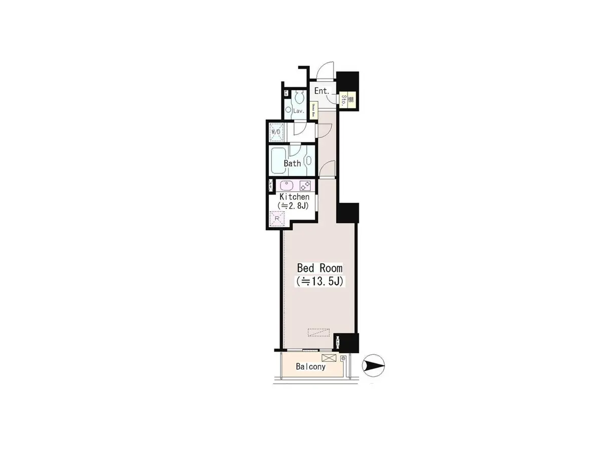 - 1LDKの間取り図、寝室（約13.5畳）、キッチン、バスルーム、バルコニーを含むレイアウト