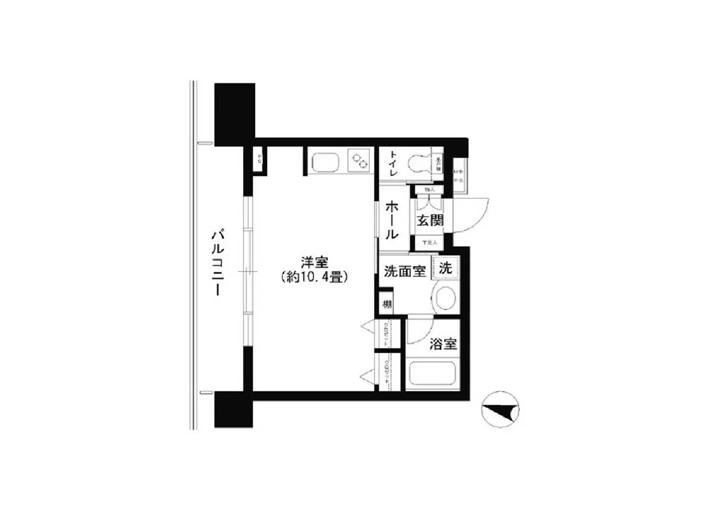 - 約10.4畳の洋室を含む間取り図、バルコニー、ホールや洗面室、浴室、トイレの配置が示されたデザイン