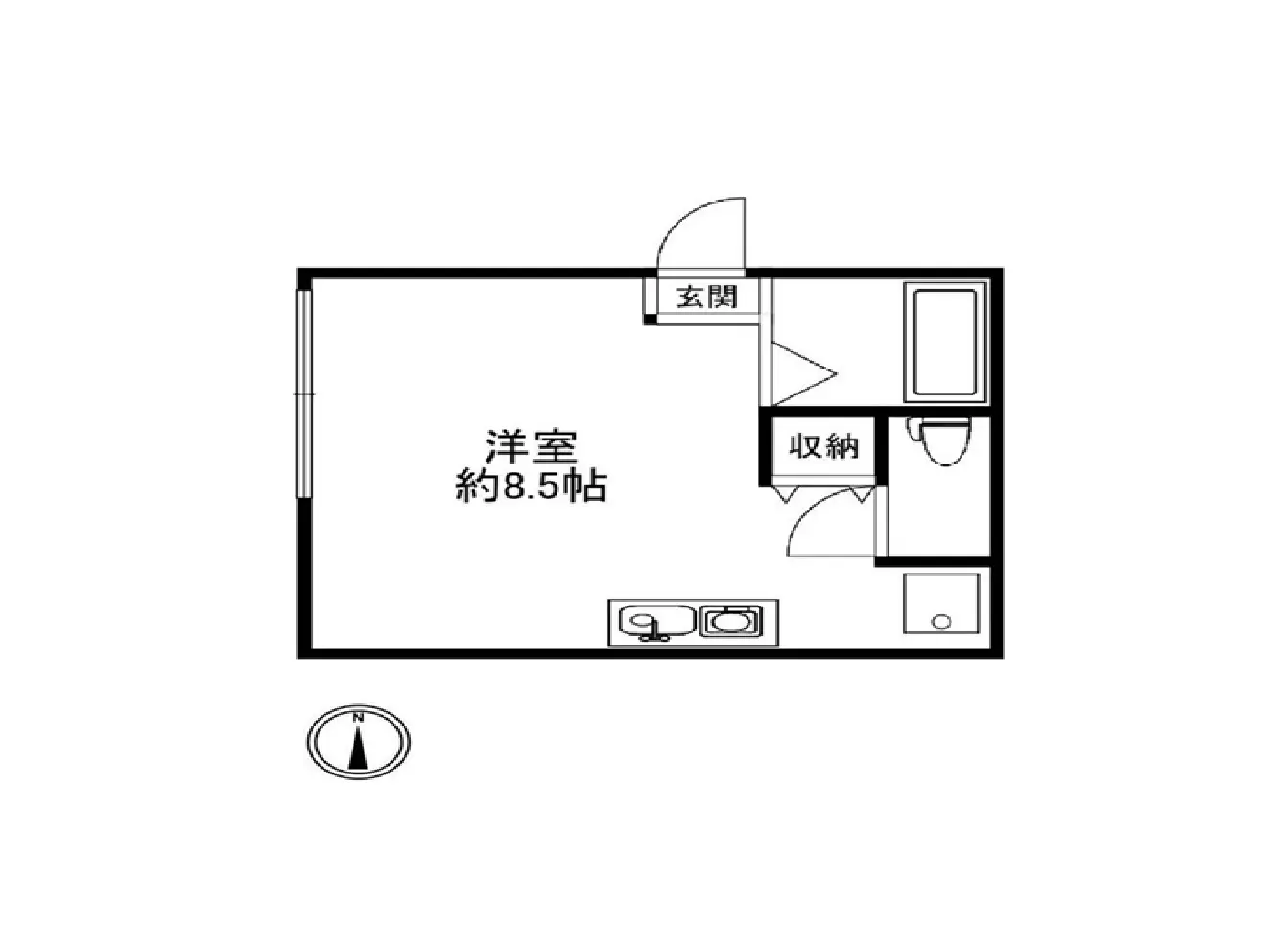 - 約8.5畳の洋室の間取り図、玄関、収納、バスルームとトイレの配置を示すシンプルなレイアウト
