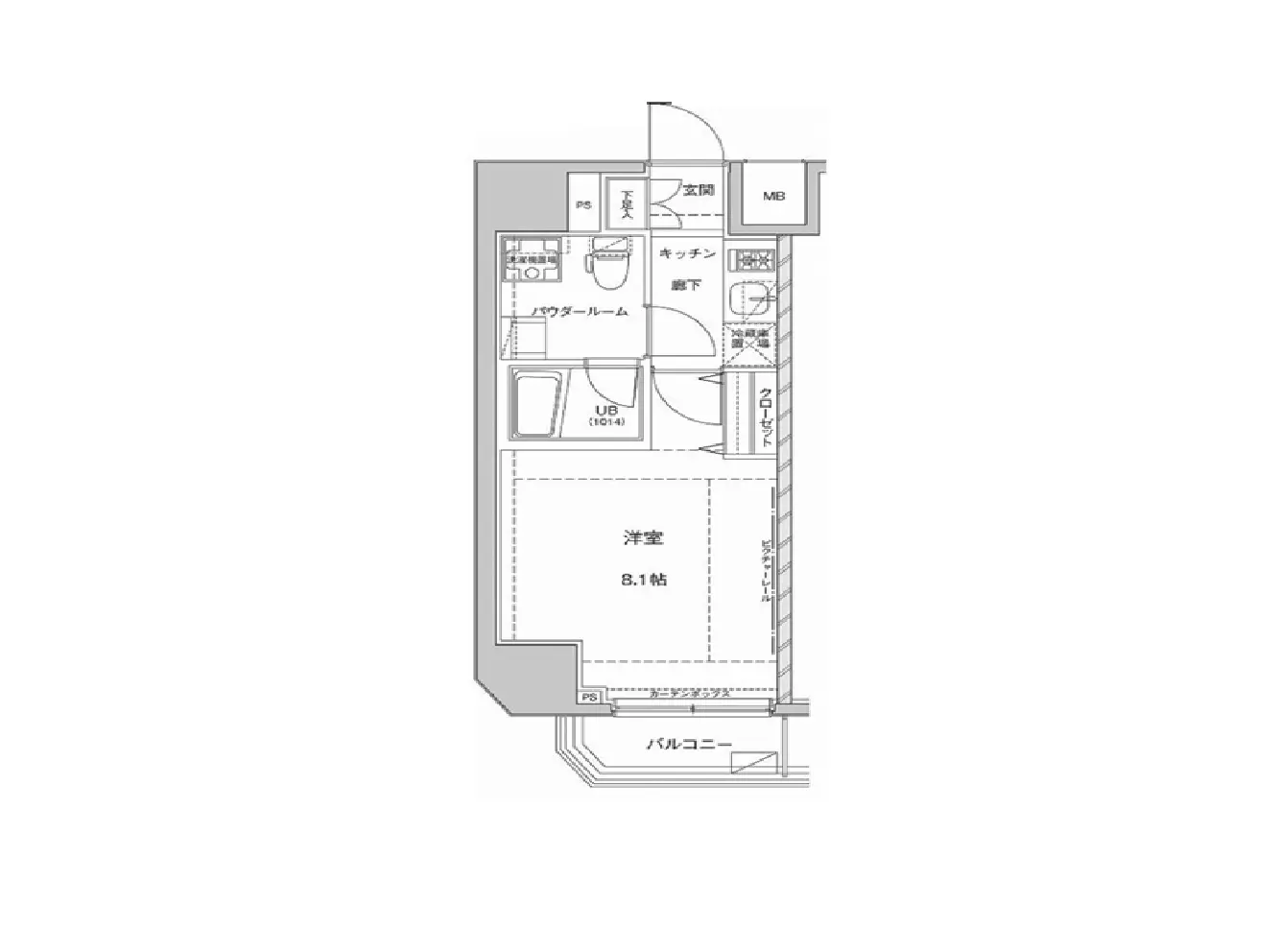 - 8.1帖の洋室とバルコニー、キッチンや浴室を含む間取り図の詳細