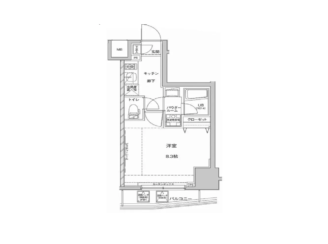 - 寝室やバスルーム、トイレが配置された8.3帖の間取り図、キッチンと収納スペースも含まれる温かみのあるデザイン