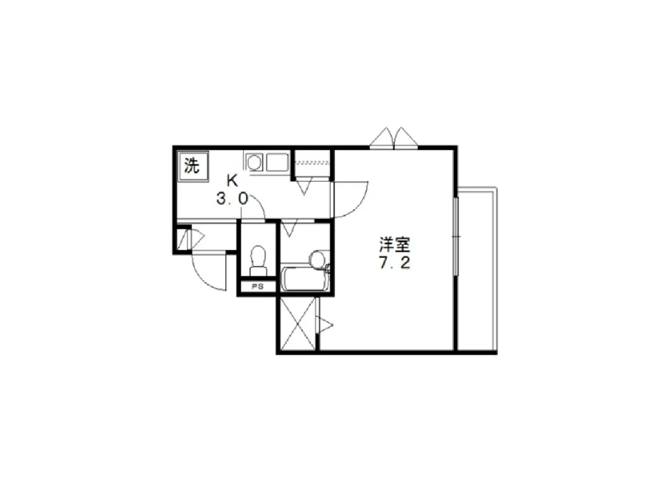 - 3LDKの間取り図、洋室7.2帖とキッチン3.0帖、洗面室を含むレイアウト