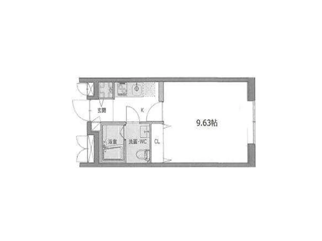 - 9.63帖の間取りを持つアパートの平面図、キッチン、洗面-トイレ、玄関が配置されたレイアウト図