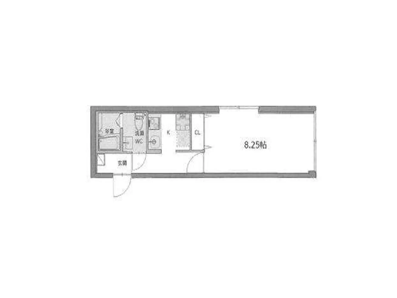 - 8.25畳の間取りを示す住宅の平面図、キッチン、浴室、トイレの配置が分かるレイアウト図
