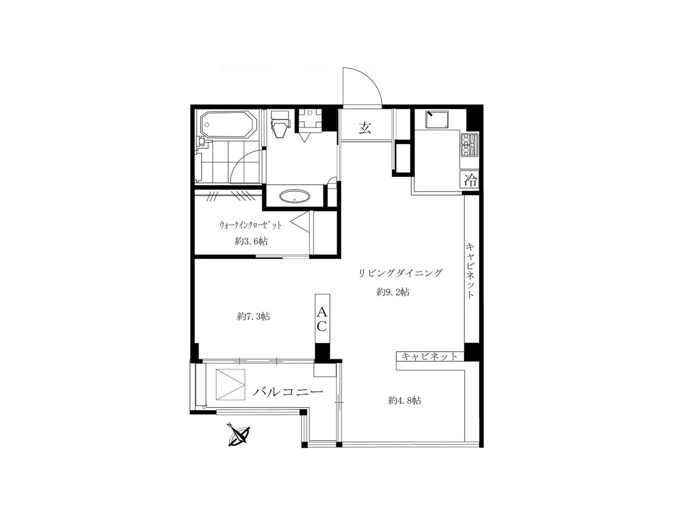 - コンパクトな間取り図で、リビングダイニングが約9.2帖、その他にバルコニー、クローゼット、洗面・トイレが配置されたレイアウト