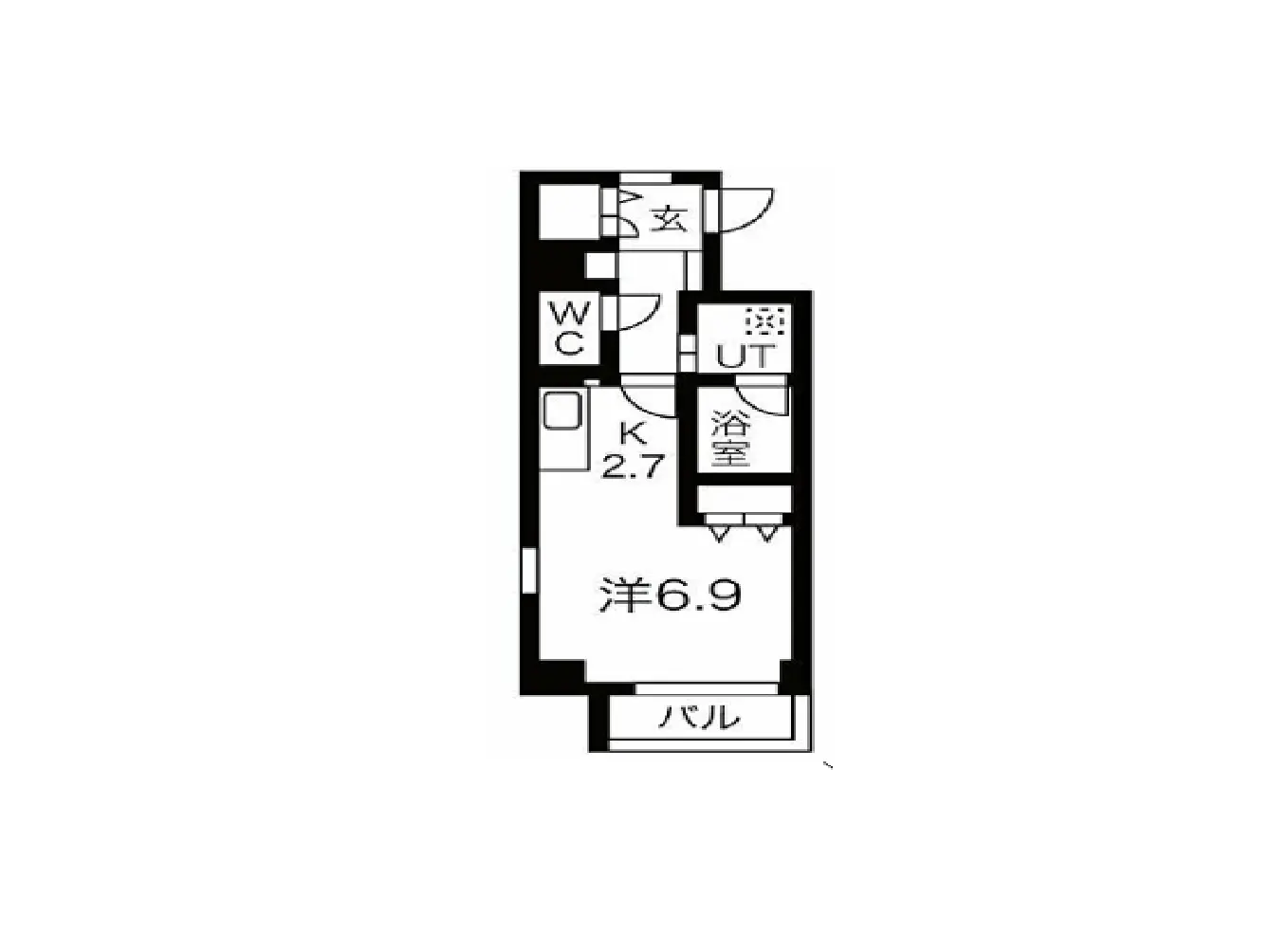 - 間取り図、2.7畳のキッチン、6.9畳の洋室、浴室、トイレ、バルコニーを含むレイアウトのインフォグラフィック
