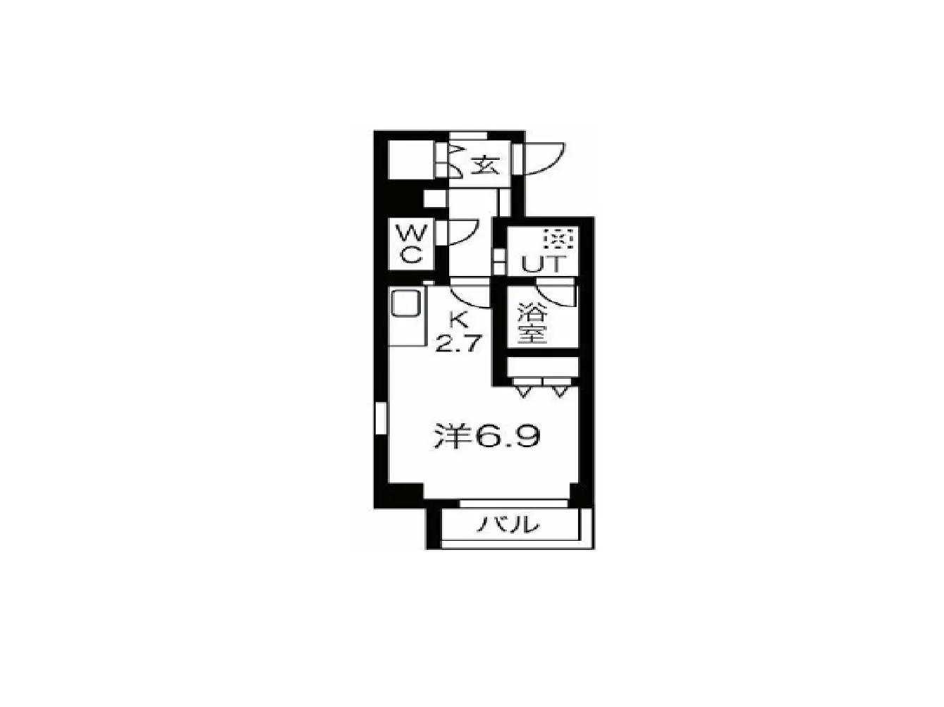 - 1LDKの間取り図、部屋の配置と広さを示す詳細な設計、バルコニー付きの住宅プラン