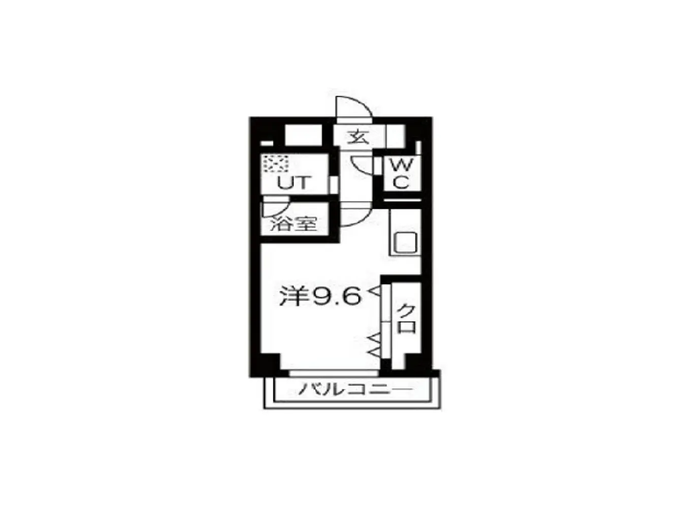 - バルコニー付きの間取り図、洋室9.6帖、浴室、トイレ、玄関、ユーティリティスペースを含むレイアウト