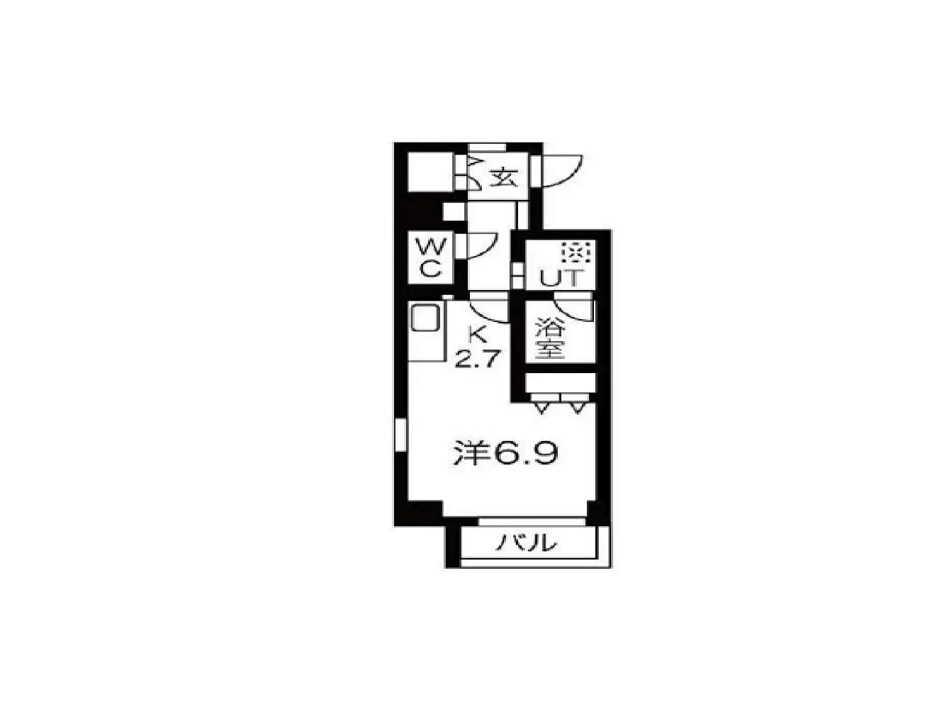 - 1Kタイプの間取り図、洋室6.9帖、キッチン2.7帖、バルコニー、浴室、トイレ、ユーティリティエリアの配置を示すデザイン