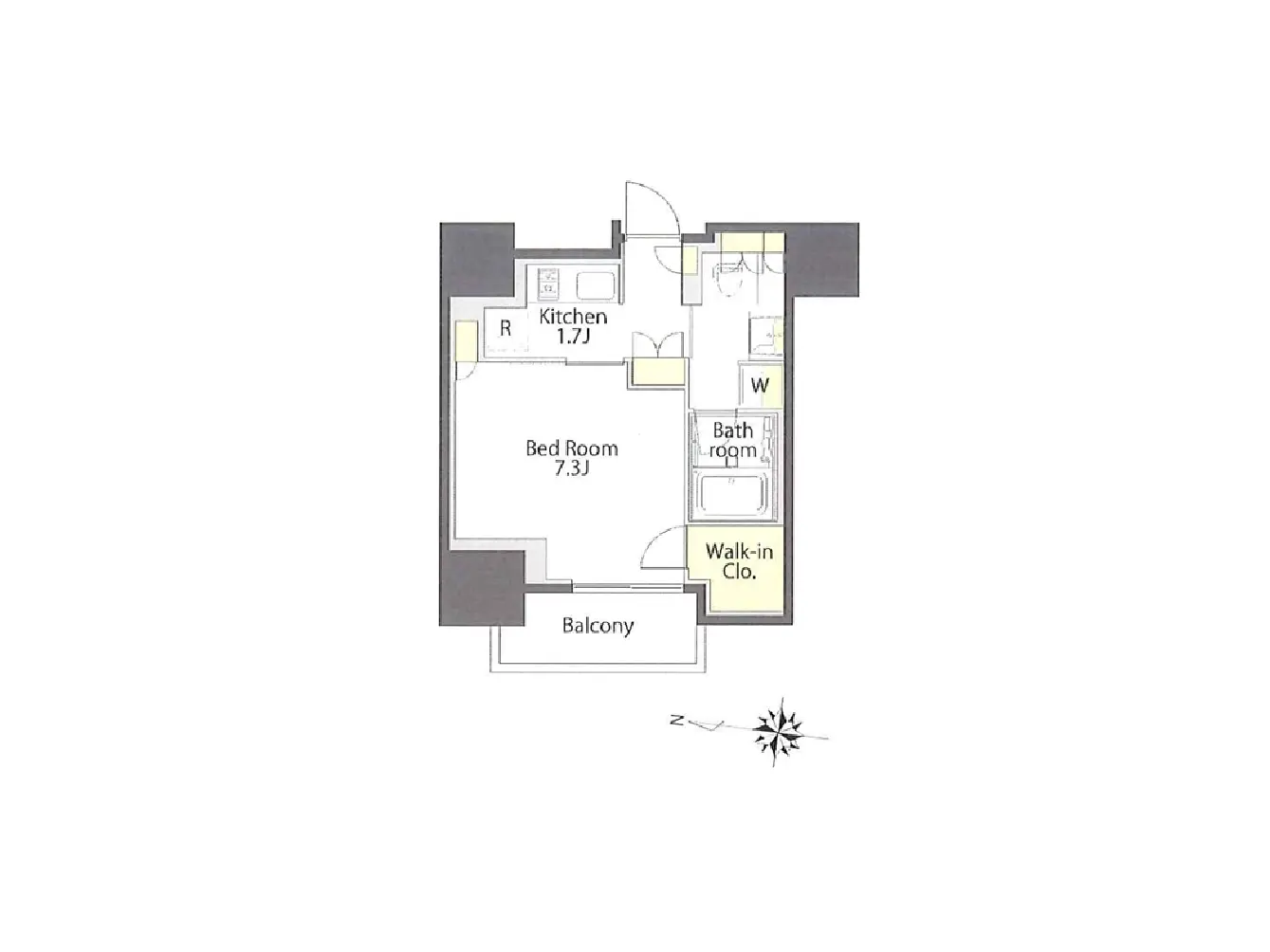 - キッチン、寝室、バスルーム、ウォークインクローゼット、バルコニーを含む間取り図のレイアウト