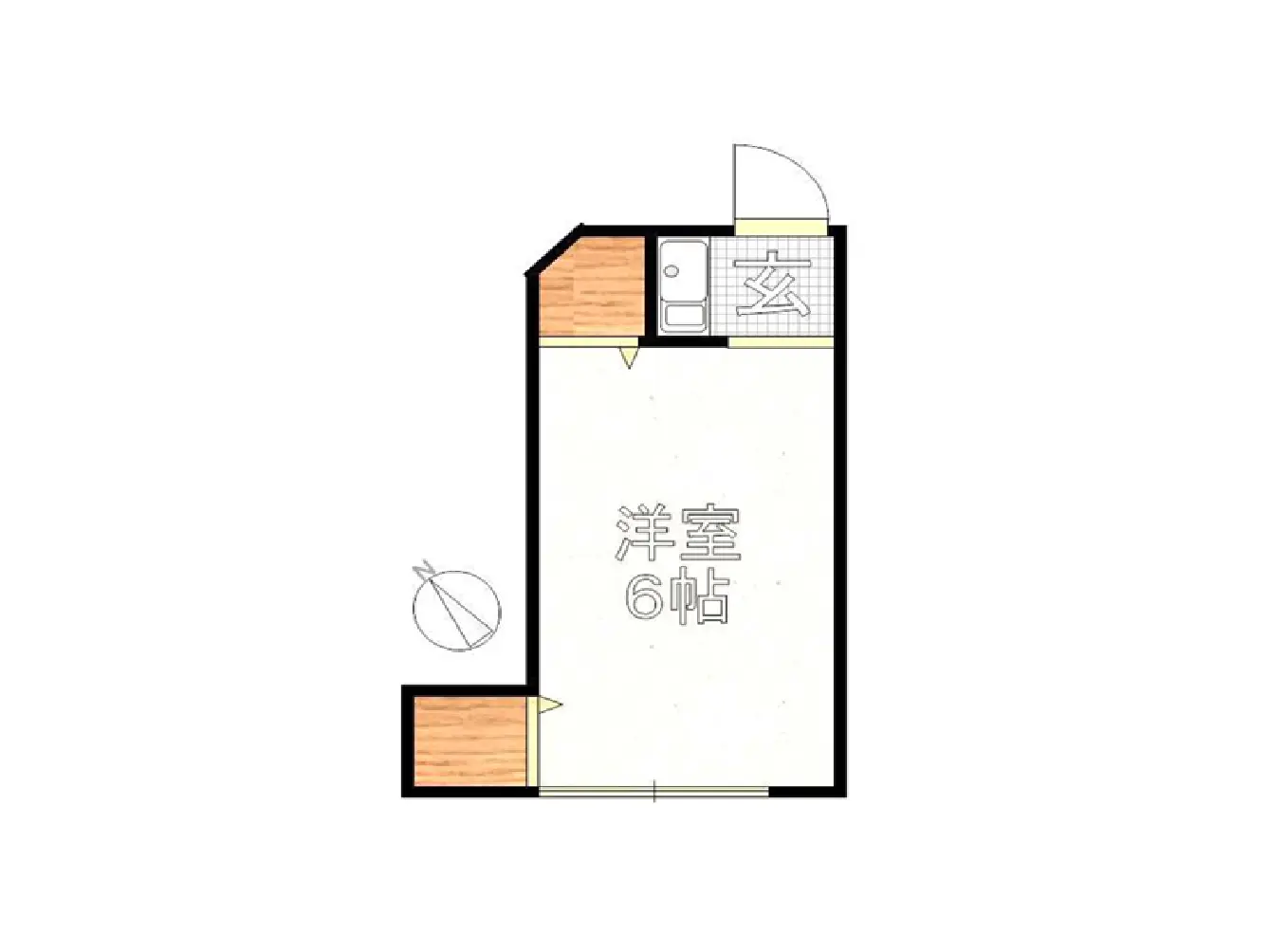 - 6帖の洋室間取り図、隣接する玄関と洗面所が配置されているシンプルなレイアウト