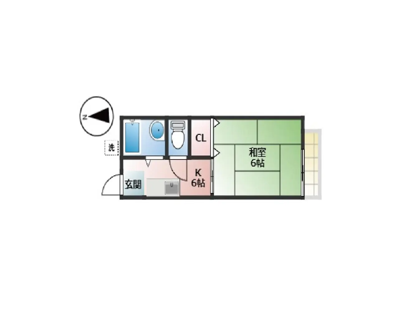 - 和室6帖とキッチン、洗面所、トイレが配置された間取り図、玄関からのアクセスも確認できるデザイン