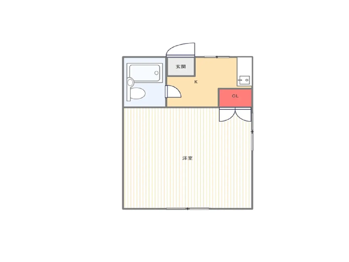 - 1LDKの間取り図、キッチン、クローゼット、洋室とトイレの配置を示すシンプルなレイアウト