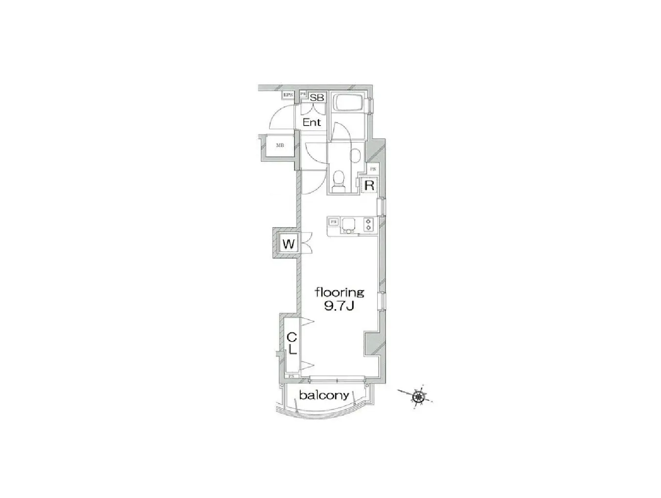 - 1LDKの間取り図、バルコニー付き、広さ9.7畳のフローリング、玄関、洗面所、収納スペースの配置が示されている