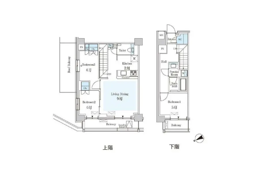 - 2階建て住宅の間取り図、上階には3つの寝室とリビングダイニング、下階には1つの寝室と浴室、パウダールームが配置されているデザイン