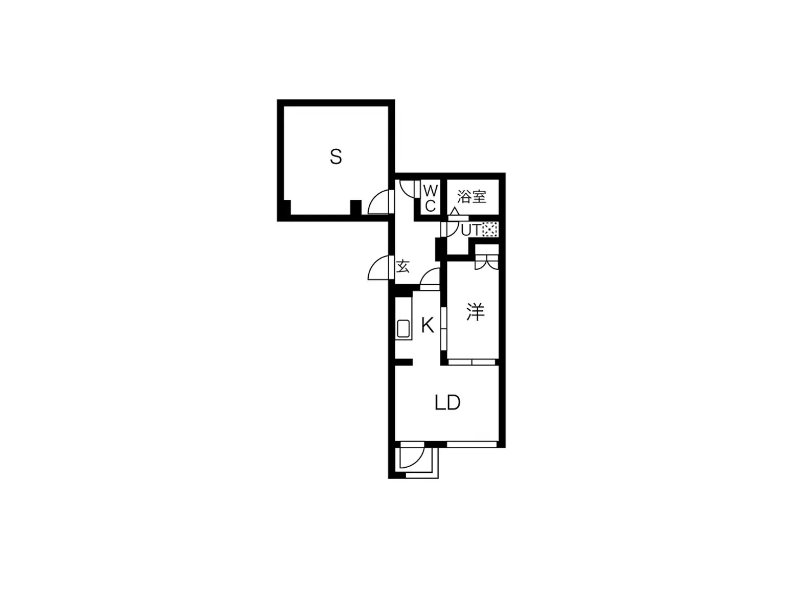 - 1LDKの間取り図、洋室、キッチン、浴室、トイレなどの配置が示されている設計図