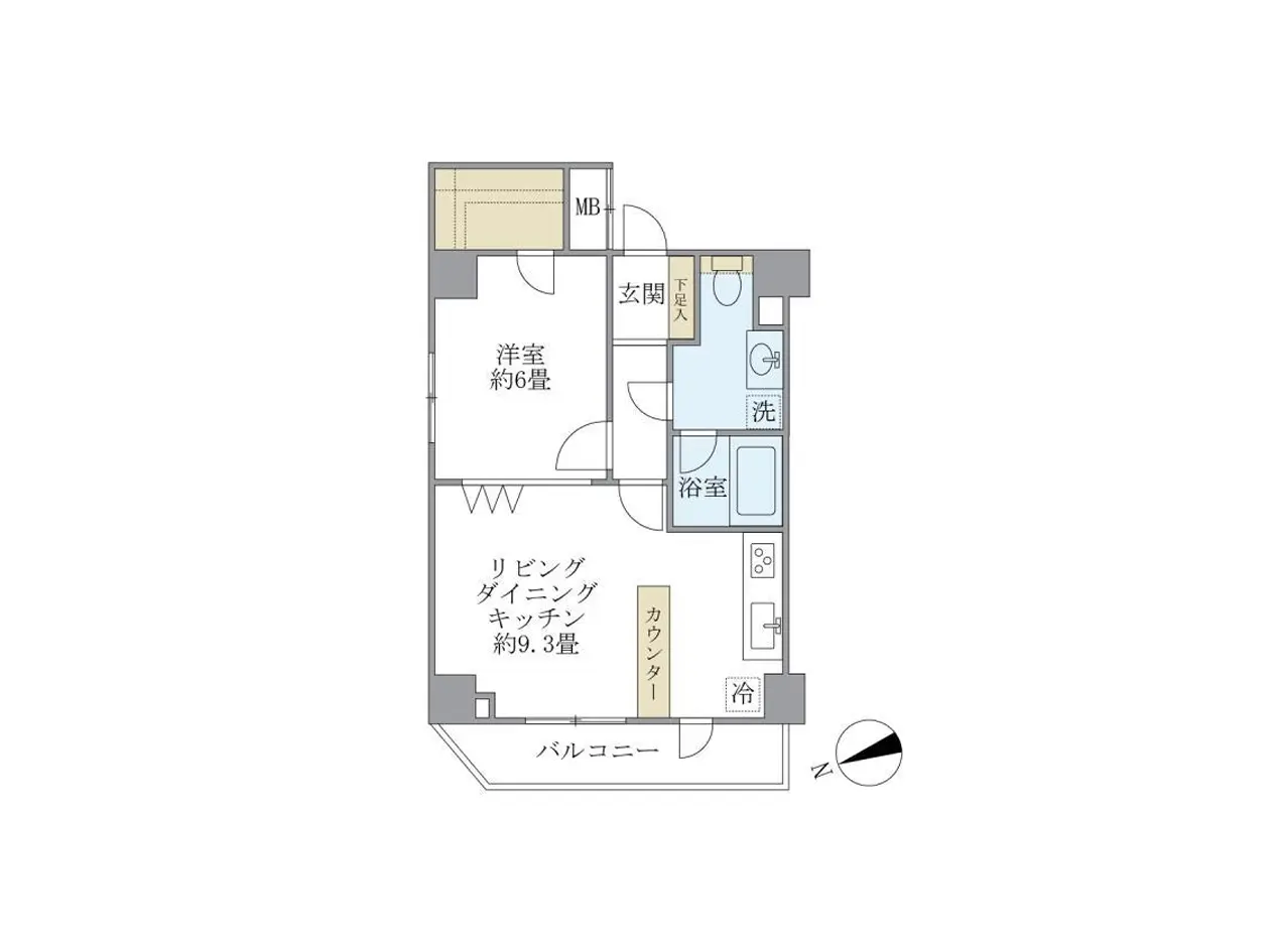 - 2LDKの間取り図、リビングダイニングキッチン約9.3畳、洋室約6畳、浴室と洗面所を備えた住宅設計図