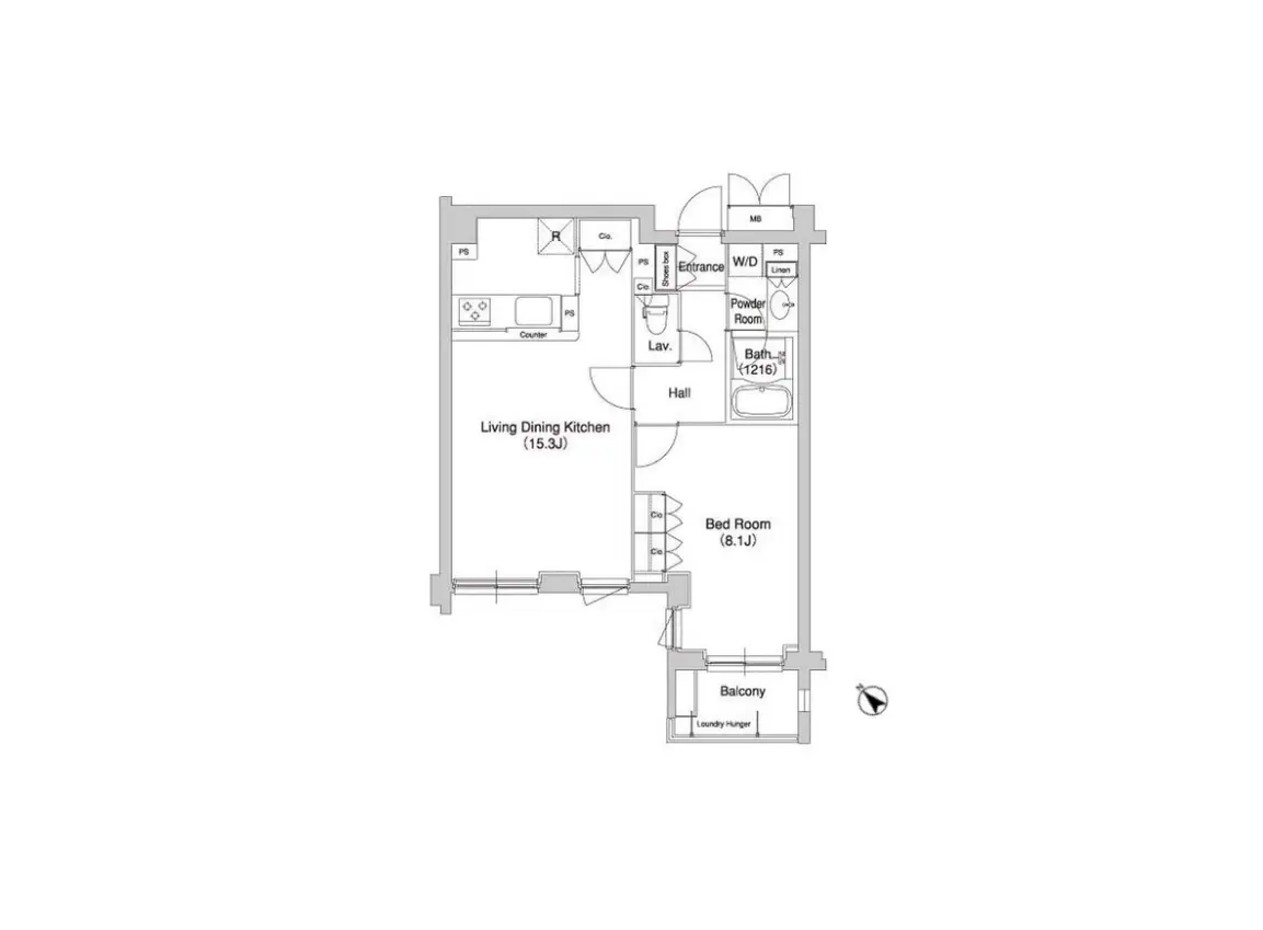 - リビングダイニングキッチン、寝室、バスルーム、バルコニーを含む間取り図、快適な生活空間を設計するためのレイアウト
