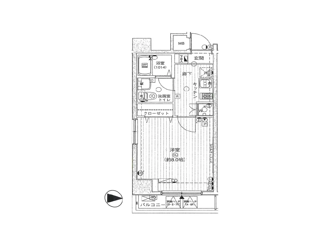 - 1LDKの間取り図、洋室約8.0帖、キッチン、バルコニー、洗面室とトイレが配置されたレイアウト