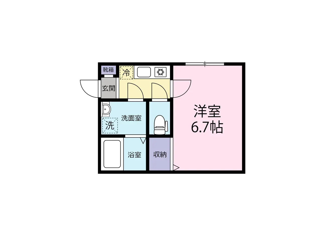 - 6.7帖の洋室を含む間取り図、洗面室、浴室、トイレ、収納スペースの配置が示されている設計図